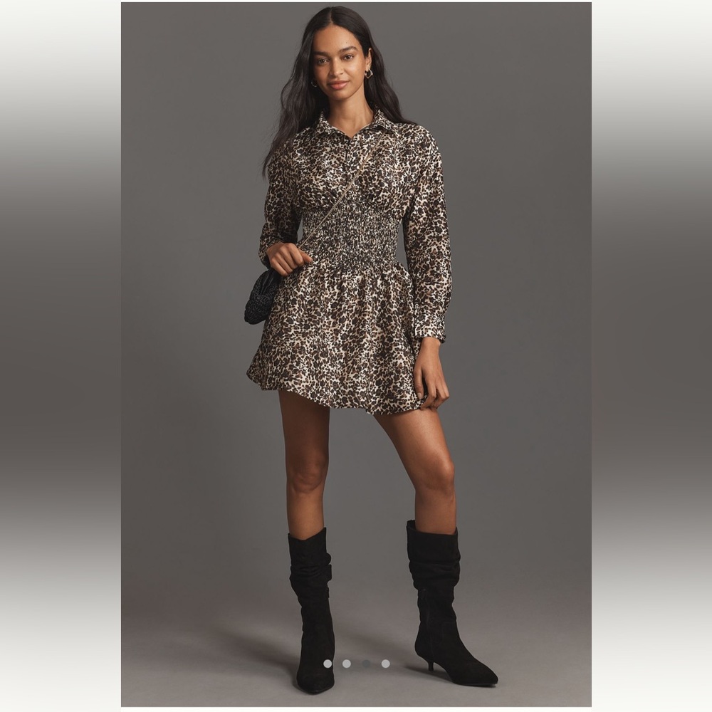 Anthropologie Mobwife Hutch V-neck Leopard Mini Dress Smocked HTF Rare Size L